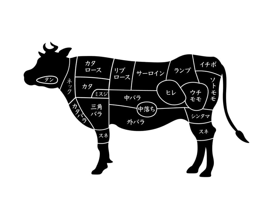 牛の体のそれぞれの部位の一覧図